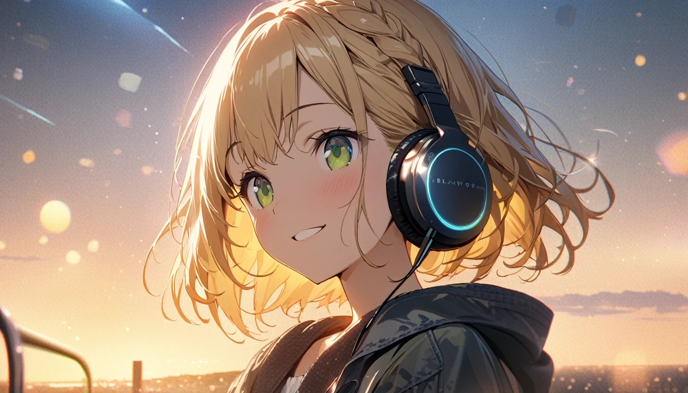 one girl, blonde short hair and bob hair、a braid, I tied my hair in a bun with a hair clip..、beautiful green eyes、smile、gentle smile on her face、flat chest, one Beautiful girl,((masterpiece, illustration, best quality) ((ultra-detailed)), wearing headphones,Traveling,One girl,relax,The background is dusk, gentle smile on her face, 濃い青とBeautiful Blueのグラデーション, High resolution, 8K HD detail, hyper-detail, cinematic, surrealism, soft light, deep field focus bokeh, ray tracing and surrealism. --v6