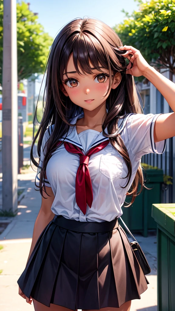 with dark brown hair Dark brown eyes Brown skin tone Wearing a with skirt She is in the school yard