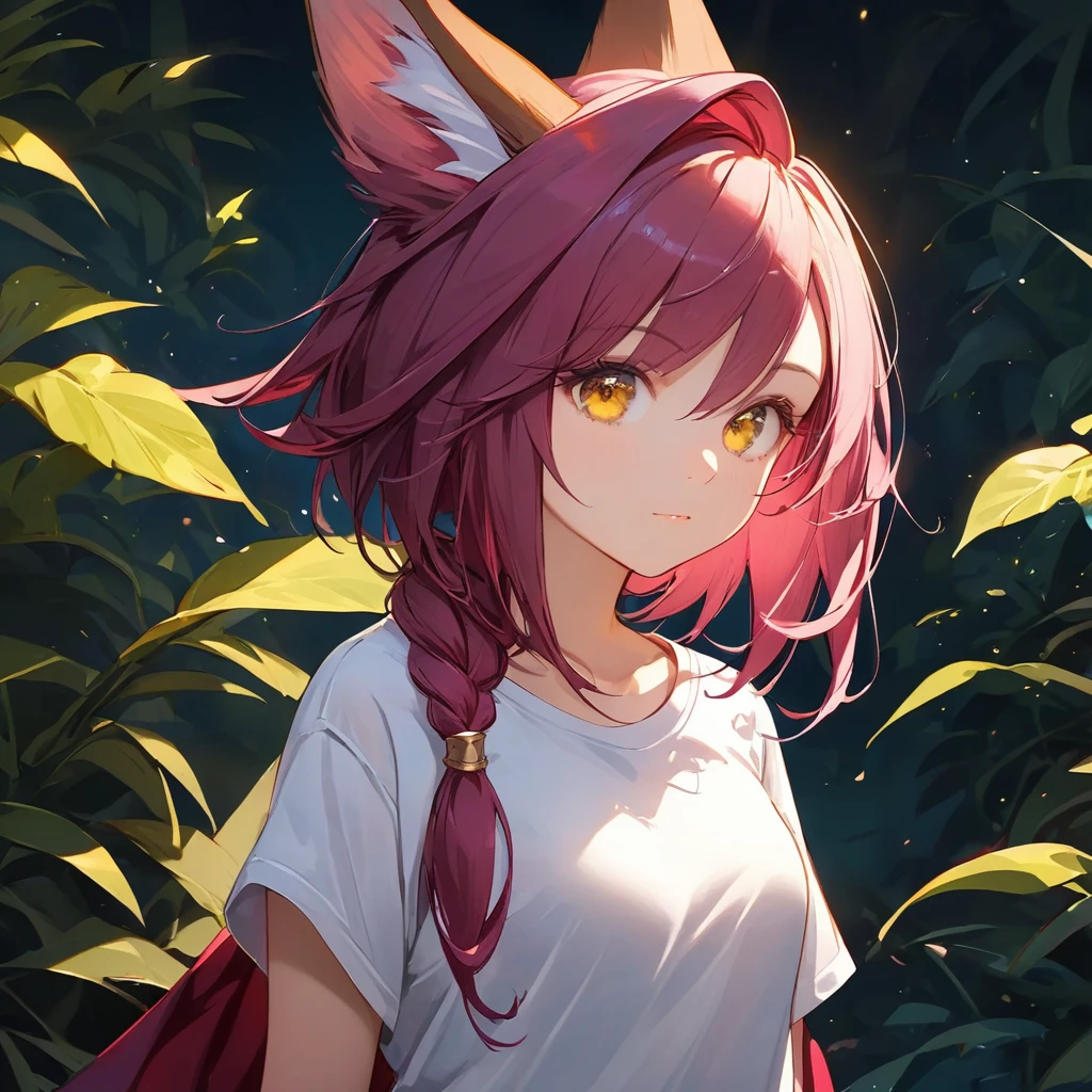 Xayah,t-shirt, animal ears, yellow eyes, tunic, stunning, hair over shoulder, hoodless, beautiful, 4k, high_definition, detailed,