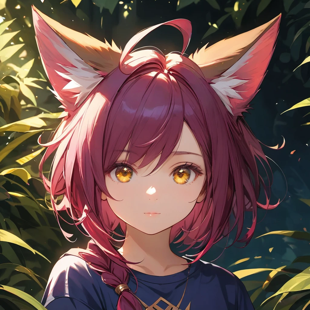 Xayah,t-shirt, animal ears, yellow eyes, tunic, stunning, hair over shoulder, hoodless, beautiful, 4k, high_definition, detailed,