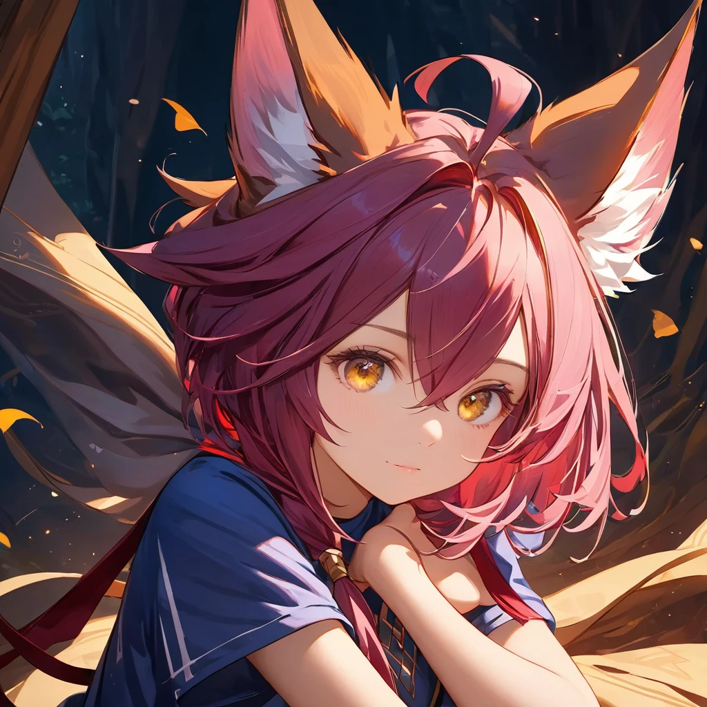 Xayah,t-shirt,  animal ears, yellow eyes, tunic, stunning, hair over shoulder, hoodless, beautiful, 4k, high_definition, detailed,