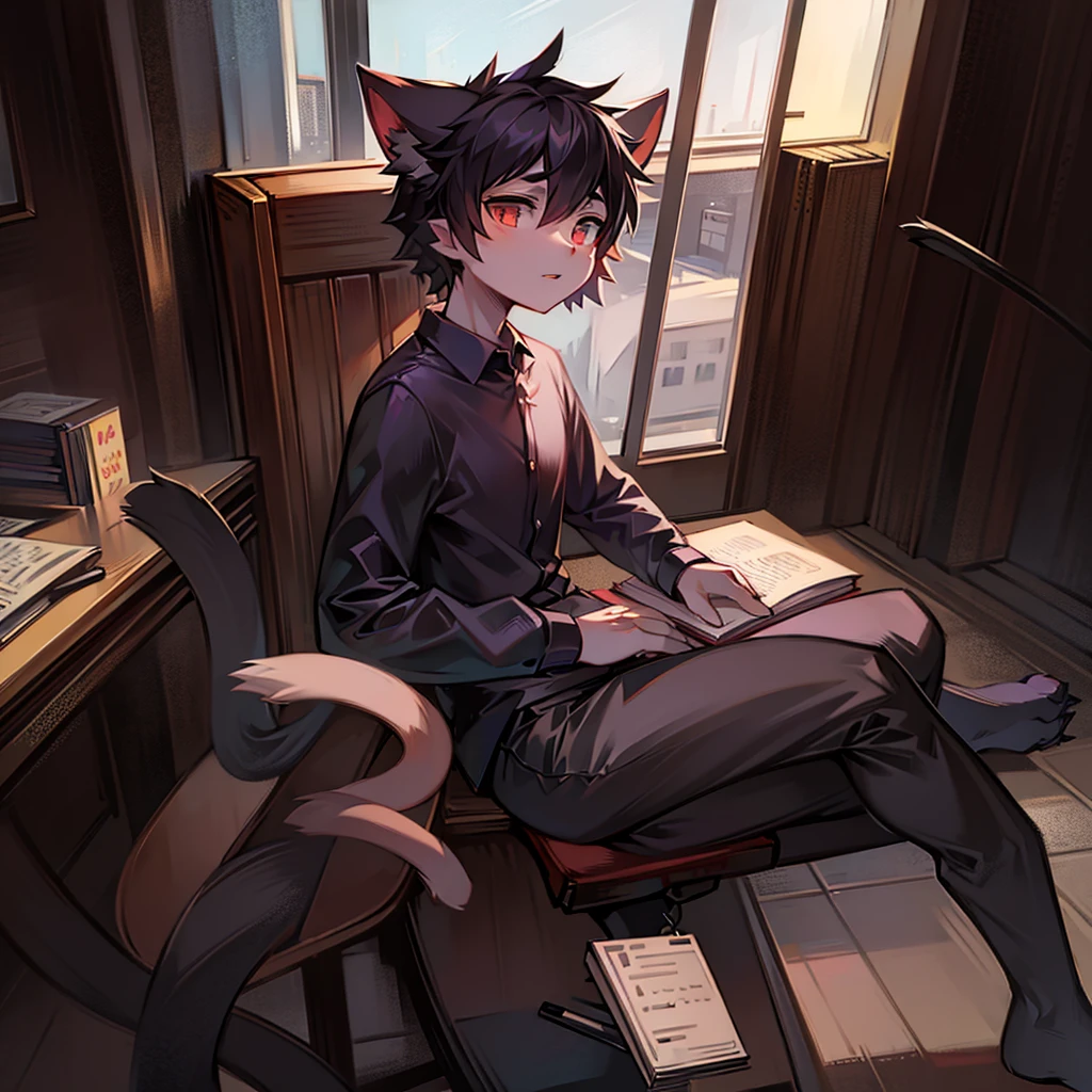 A half-demon humanoid cat, he is a writer, He&#39;s in a room writing a poem 