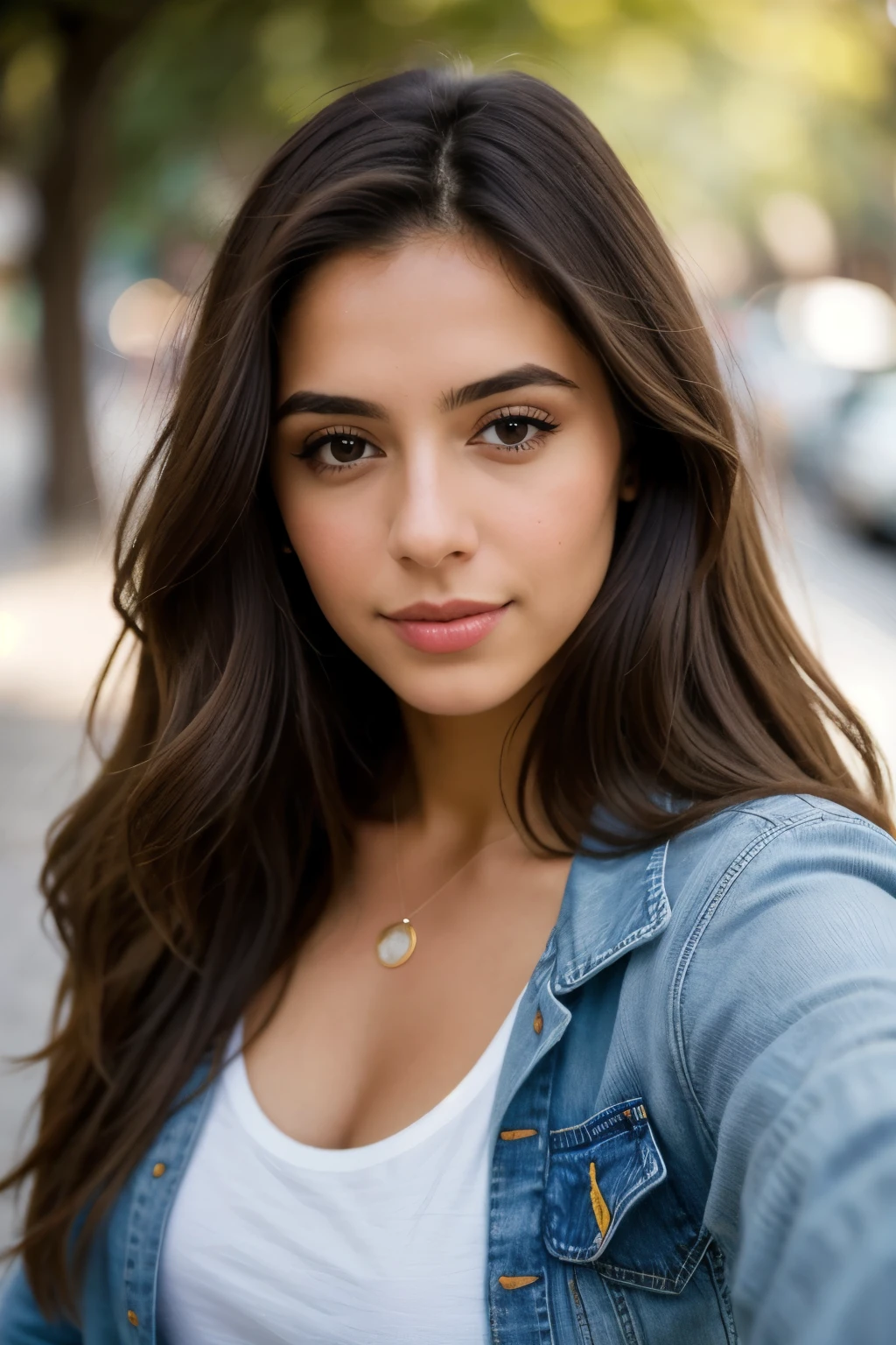 fotografia de uma mulher, (Facial expression), pele texturizada, long brown hair, shirt with jeans, selfie, makeup, paisagem Lisboa, perfect brown eyes, Suporte de 160 cores, filmado em ARRI ALEXA 65, Bokeh, sharp focus on the subject, filmado por Don McCullin tunisian