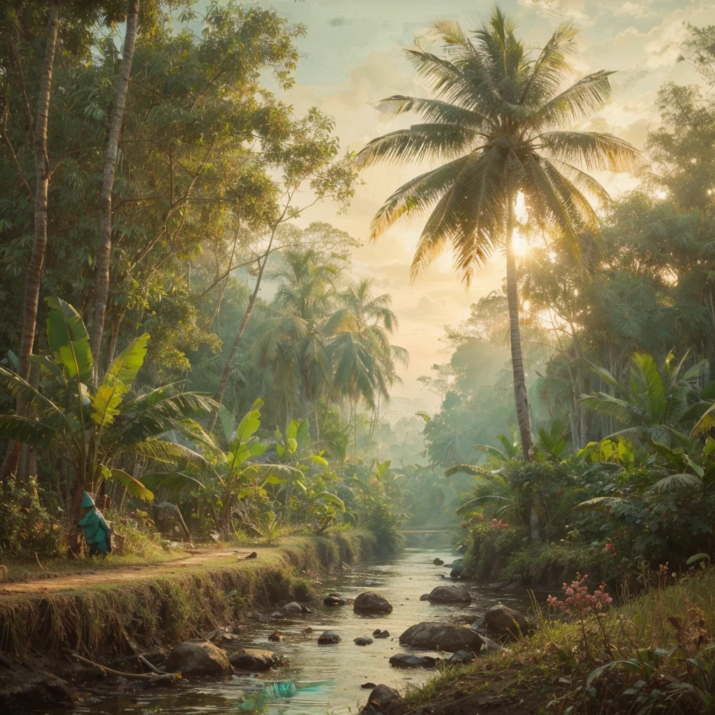 hard palette painting, in a village in Sumatra, Indonesia, be found sebuah masyarakat desa pada tahun 1935, several simple wooden houses with black thatch roofs, be found hutan, shady trees, with big roots and low trees, coconut tree, banana tree, A little, be found pegunungan dan hamparan sawah, it started to get dark in the afternoon, be found , Real picture, naturalistic, canvas base, Affandi style.