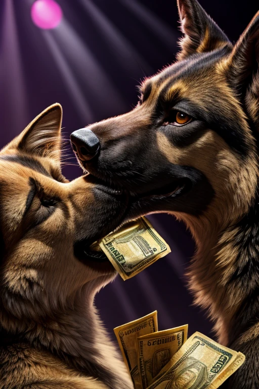 German Shepherd stripper kissing golden money