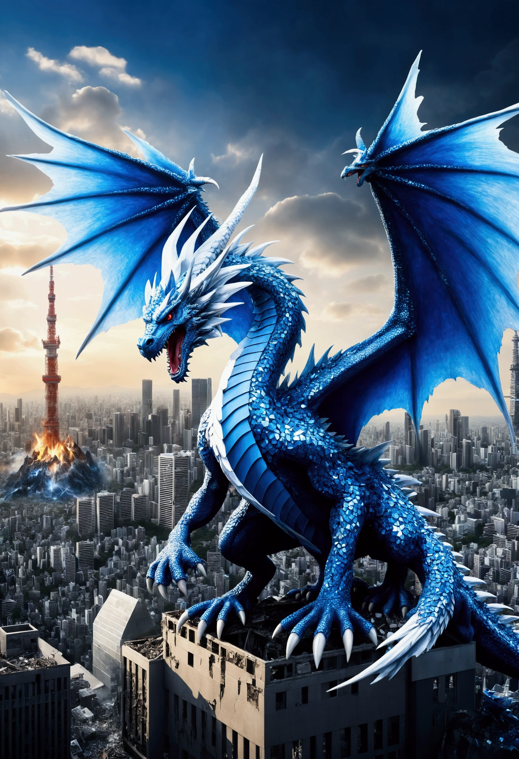 Tokyo destroyed by monsters,(((diamond、crystal)))、blue and white dragon with big wings,(((destroy the city)))