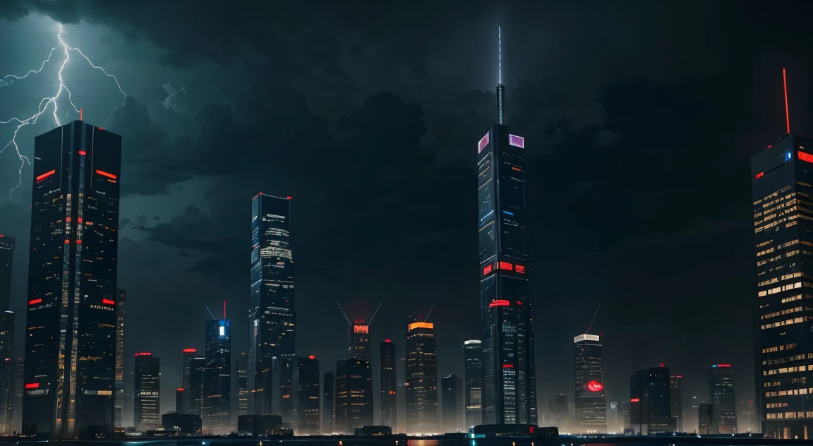 A midnight cityscape with skyscrapers illuminated by lightning. A robot stands among the buildings, exuding a desolate futuristic atmosphere. The lights from the buildings reflect off the robot's armor, making it gleam. Storm clouds spread across the sky, with lightning bolts striking in the distance. This scene feels like a place where the boundaries between reality and the future intersect.
