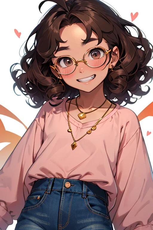 Kizi, アニメ, very curly hair, curls, curls, dark brown hair, long hair, hair flying, Caucasian skin, brown dark eyes, round golden glasses, little pink blouse, jeans, small gold necklace, cheerful grin, pinky skin, blush cheeks