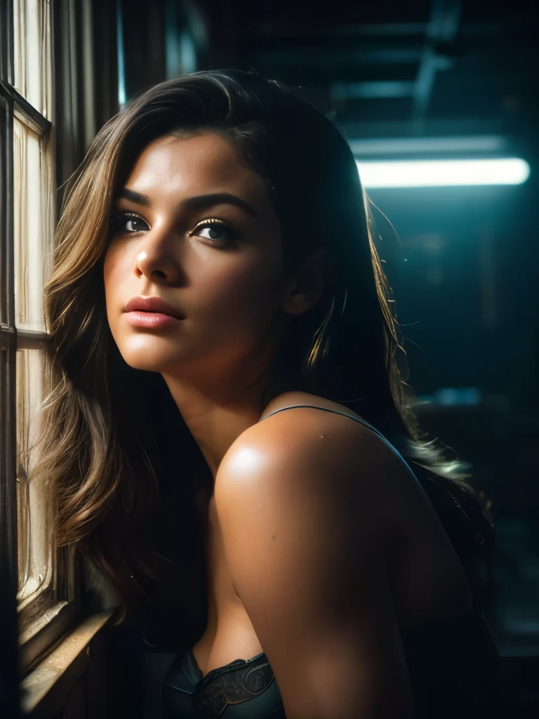 An ultra hot gorgeous European woman.age 23. Looks through a dirty old window. a Busty Vintage by Ed Mell and Russ Mills,  (luminar , vivacious , masterful:1.4), poster art, bold lines, hyper detailed, expressive,  award winning,  (scenery:1.4), (intricate details, masterpiece, best quality:1.4),
ring light , looking at viewer, dynamic pose, wide angle view,
atmospheric haze, Film grain, cinematic film still, highly detailed, high budget, cinemascope, moody, epic, OverallDetail, gorgeous, 2000s vintage RAW photo, photorealistic, candid camera, color graded cinematic, eye catchlights, atmospheric lighting, skin pores, imperfections, natural, shallow dof,