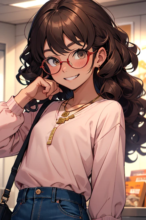Kizi, アニメ, very curly hair, curls, curls, dark brown hair, long hair, hair flying, Caucasian skin, brown dark eyes, round golden glasses, little pink blouse, jeans, small gold necklace, cheerful grin, pinky skin, blush cheeks