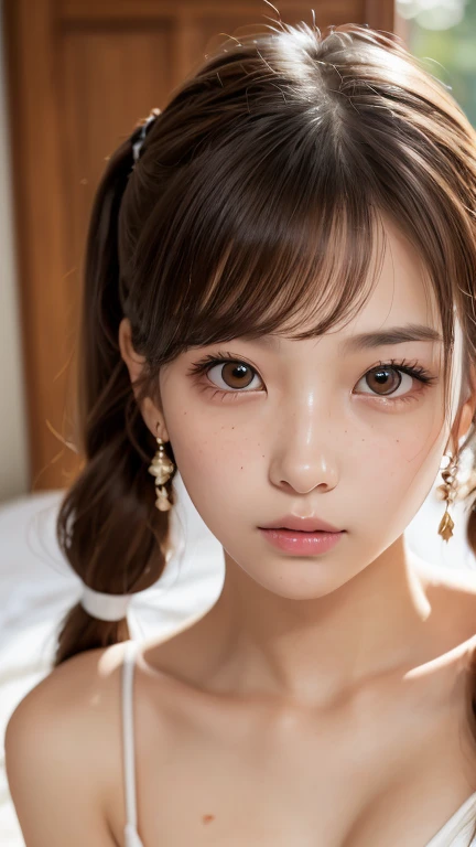 one girl, (a beauty girl, Delicate girl:1.3), (23 years old:1.3),
break, (Bedroom:1.2), (Hide the chest with hair、topless:1.2),
break, Extremely fine resolution, (Symmetrical eyes:1.3),
break, Small breasts, Brown eyes, Parted bangs, Brown Hair, girl,
break, (Eye and facial details:1.0), (Get closer to the face, Zoom in on face, Face Focus:1.0),
break, (masterpiece, Highest quality, Very detailed, Detailed face, 8k)、From above、Earrings、Twin tails、Open your mouth a little、freckles