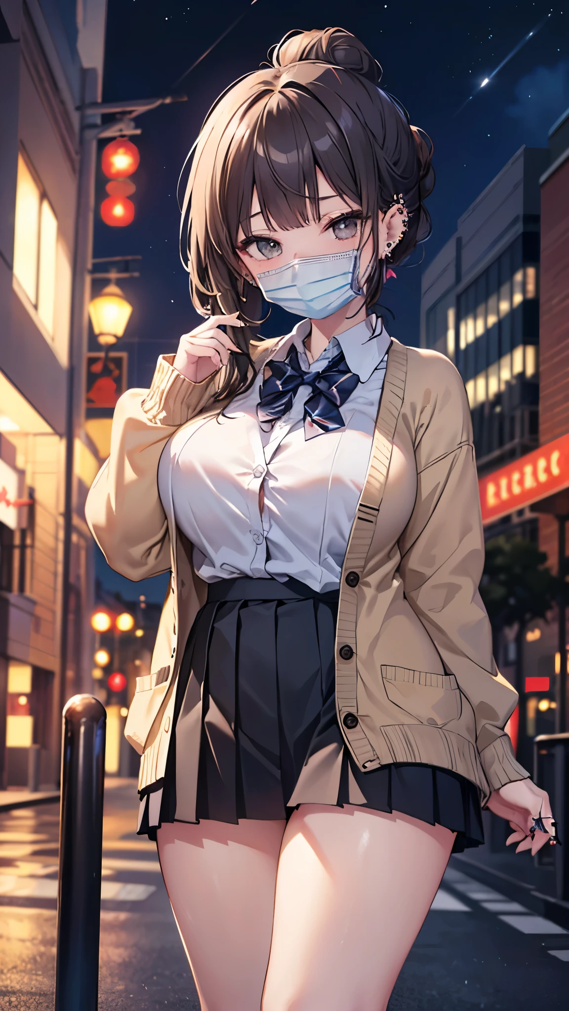 (masterpiece、Highest quality、Very detailed))、One girl、gyaru、Black Hair、single hair bun、blunt bangs、Grey Eyes、surgical mask、((lots of piercing))、Large Breasts、((White collared shirt))、A bow tie、((brown cardigan))、((Black pleated skirt))、Thick waist、Thick thighs、Cowboy Shot、((night))、Downtown background