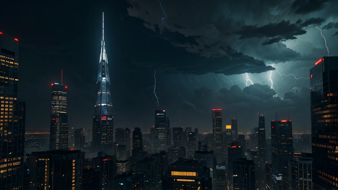 A midnight cityscape with skyscrapers illuminated by lightning. A robot stands among the buildings, exuding a desolate futuristic atmosphere. The lights from the buildings reflect off the robot's armor, making it gleam. Storm clouds spread across the sky, with lightning bolts striking in the distance. This scene feels like a place where the boundaries between reality and the future intersect.