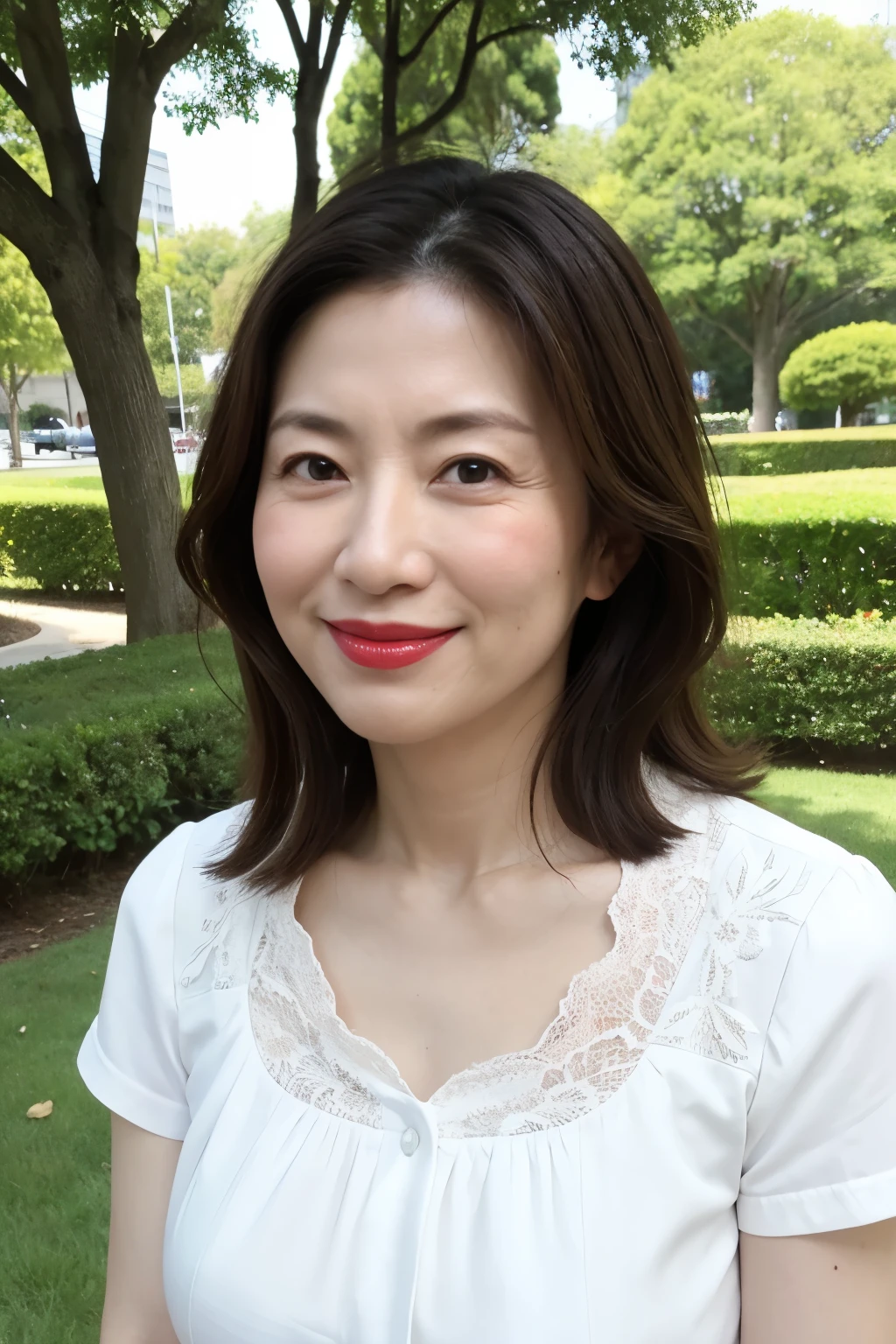 Standing in the park, Wrinkles around the eyes, Smiling with teeth showing, Plain short-sleeved clothing, senior citizen, Draw lips correctly, Red lipstick, No discomfort, 16K, Highest quality, Very detailed, Realistic, Very detailed肌, (Japanese), (alone), 60 years old, Large Breasts, , Glamour, sexy, Chromo White Skin, Staring straight ahead,
