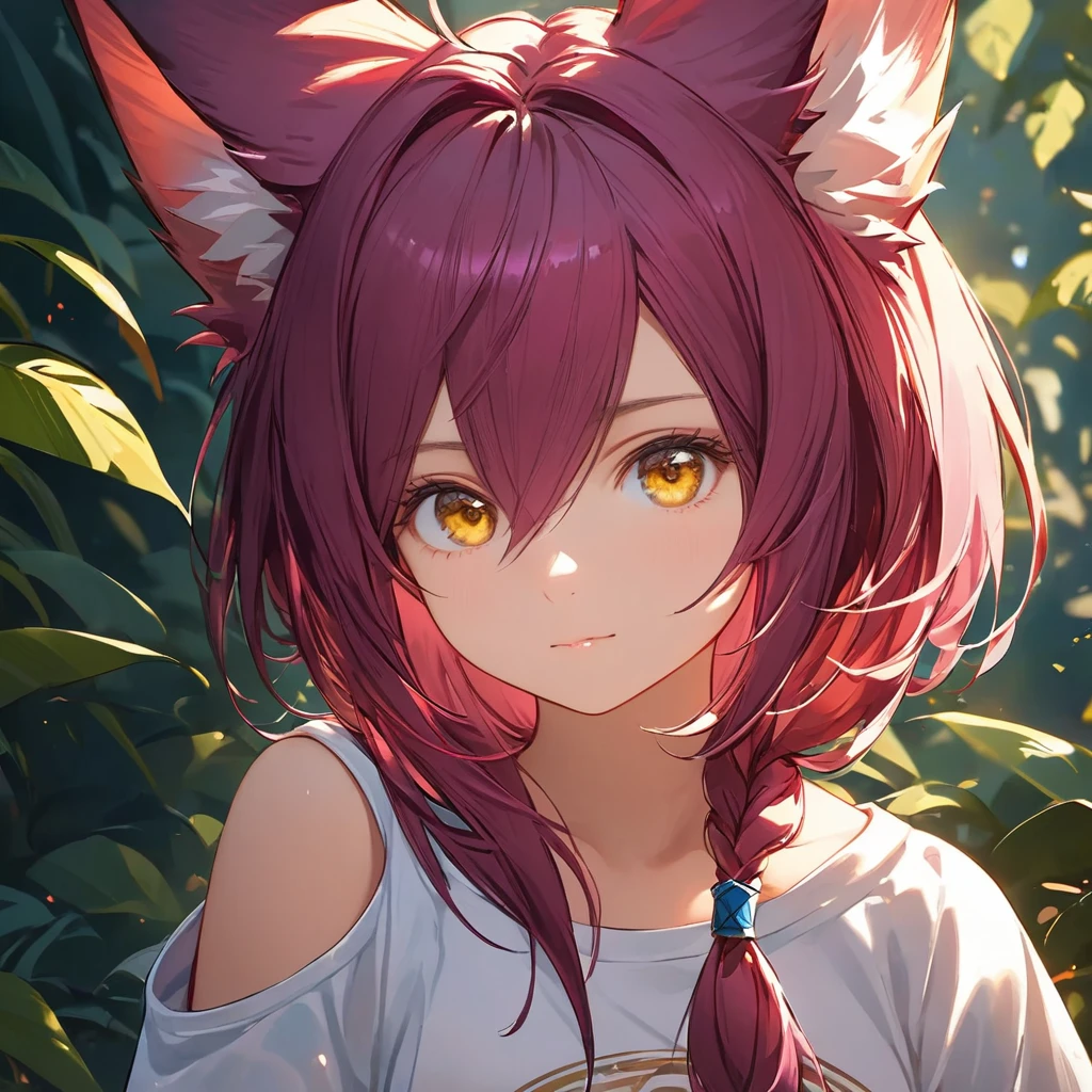 Xayah,t-shirt, animal ears, yellow eyes, tunic, stunning, hair over shoulder, hoodless, beautiful, 4k, high_definition, detailed, , small