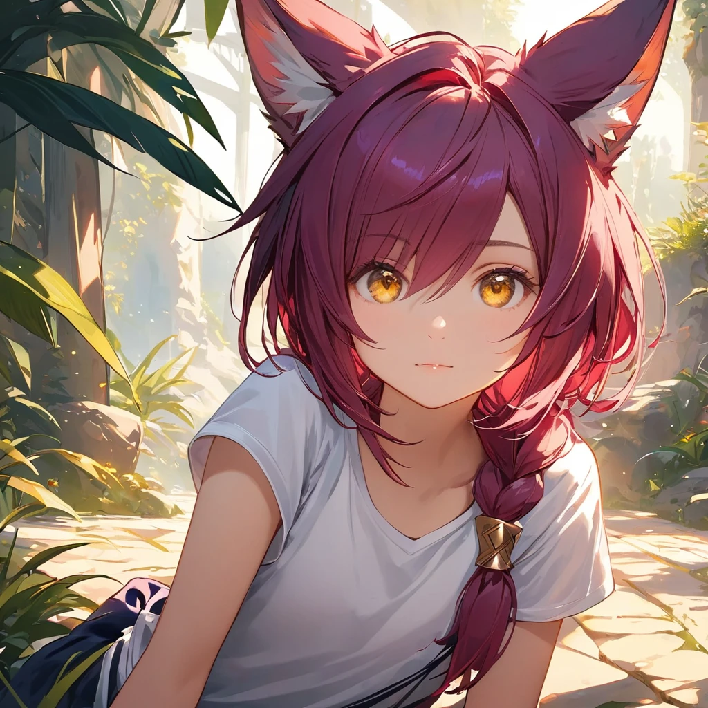 Xayah,t-shirt, animal ears, yellow eyes, tunic, stunning, hair over shoulder, hoodless, beautiful, 4k, high_definition, detailed, teen, small