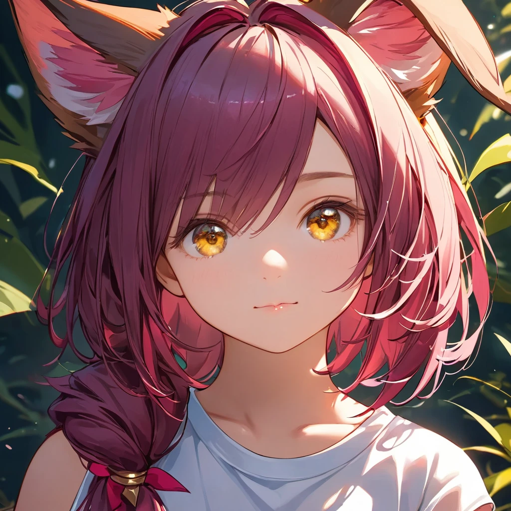 Xayah,t-shirt,  animal ears, yellow eyes, tunic, stunning, hair over shoulder, hoodless, beautiful, 4k, high_definition, detailed, teen, small