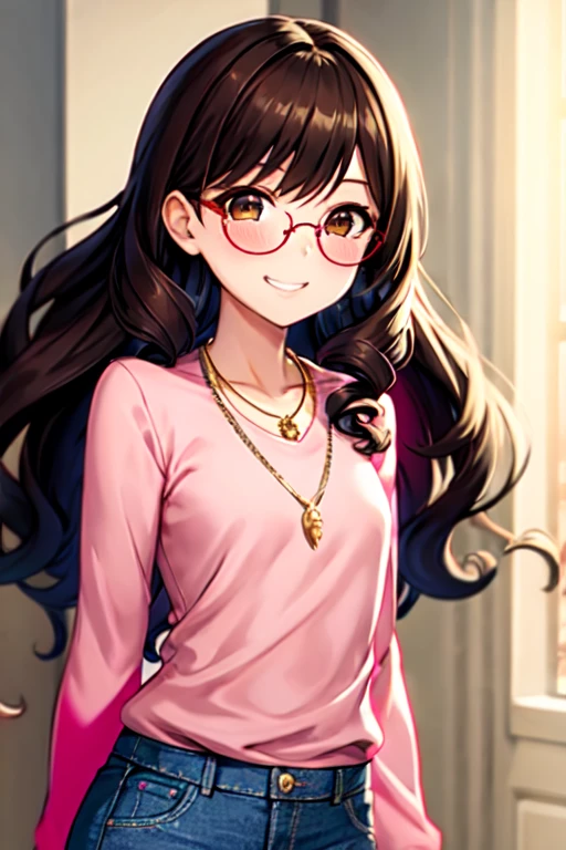 Kizi, アニメ, very curly hair, curls, curls, dark brown hair, long hair, hair flying, Caucasian skin, brown dark eyes, round golden glasses, little pink blouse, jeans, small gold necklace, cheerful grin, pinky skin, blush cheeks