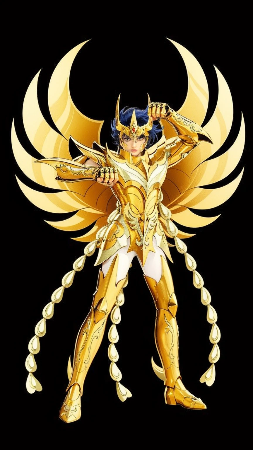 A young European man in glossy armor with white outfit without sleeves, Saint seiya, pheonix ikki, unreal engine saint seiya render, deep thoughts face with eyes closed, black messy hair,high resolution