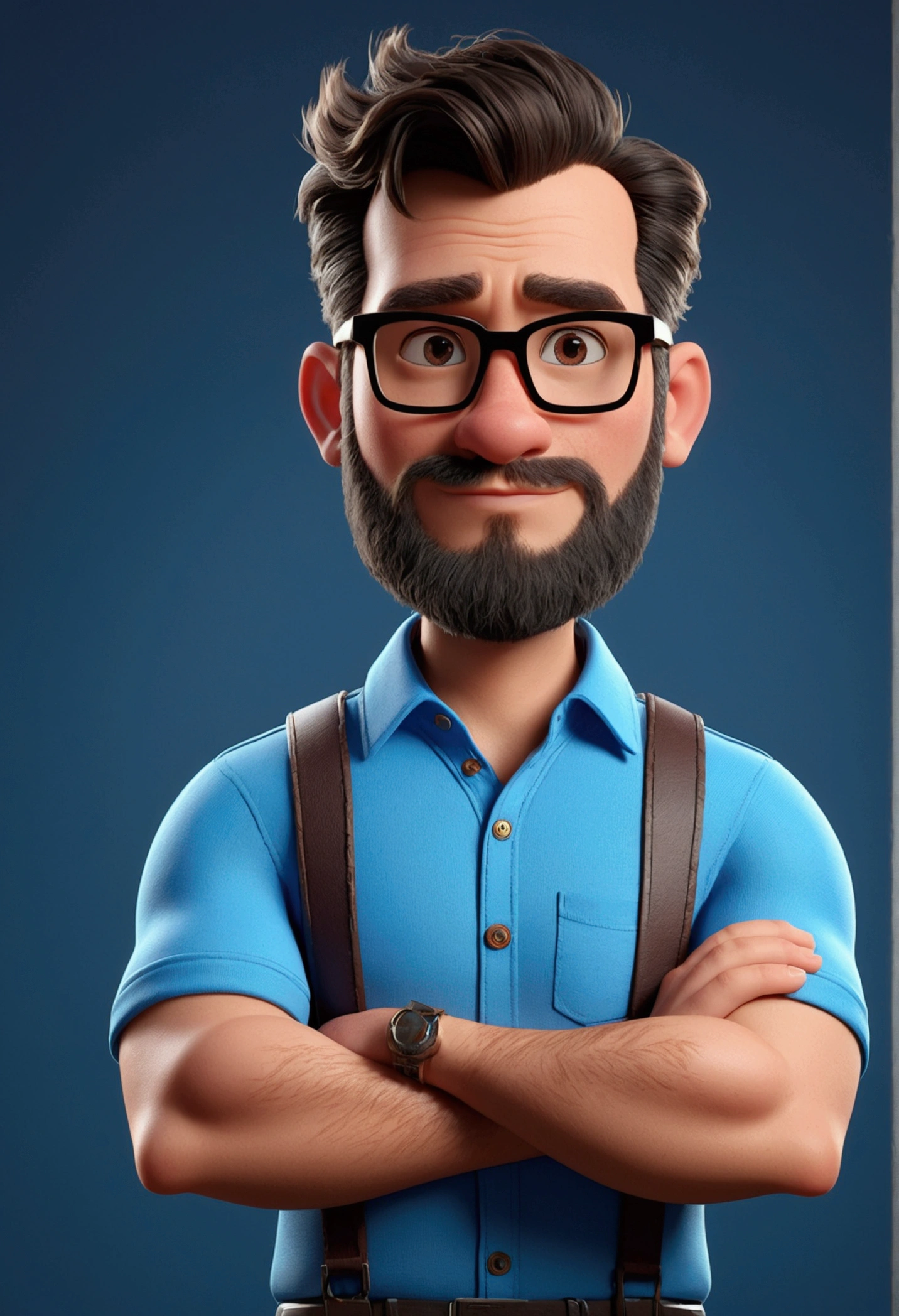Cartoon character of a man in black glasses and blue shirt, animation character, stylized character, animation style rendering, 3d stylized, Arnold Maya rendering, Stylized 3D rendering, toon render screenshot, 3d character, 3d character, Stylized 3D rendering, 3D character rendering, cartoon character, Personagem de close up, character posing, (Pixar-style) (master part:1.2) (bokeh) (best qualityer) (skin detailed) (detailed texture) (8k) (Argilla) (cinematic lighting) (sharp focus without glasses and with a beard