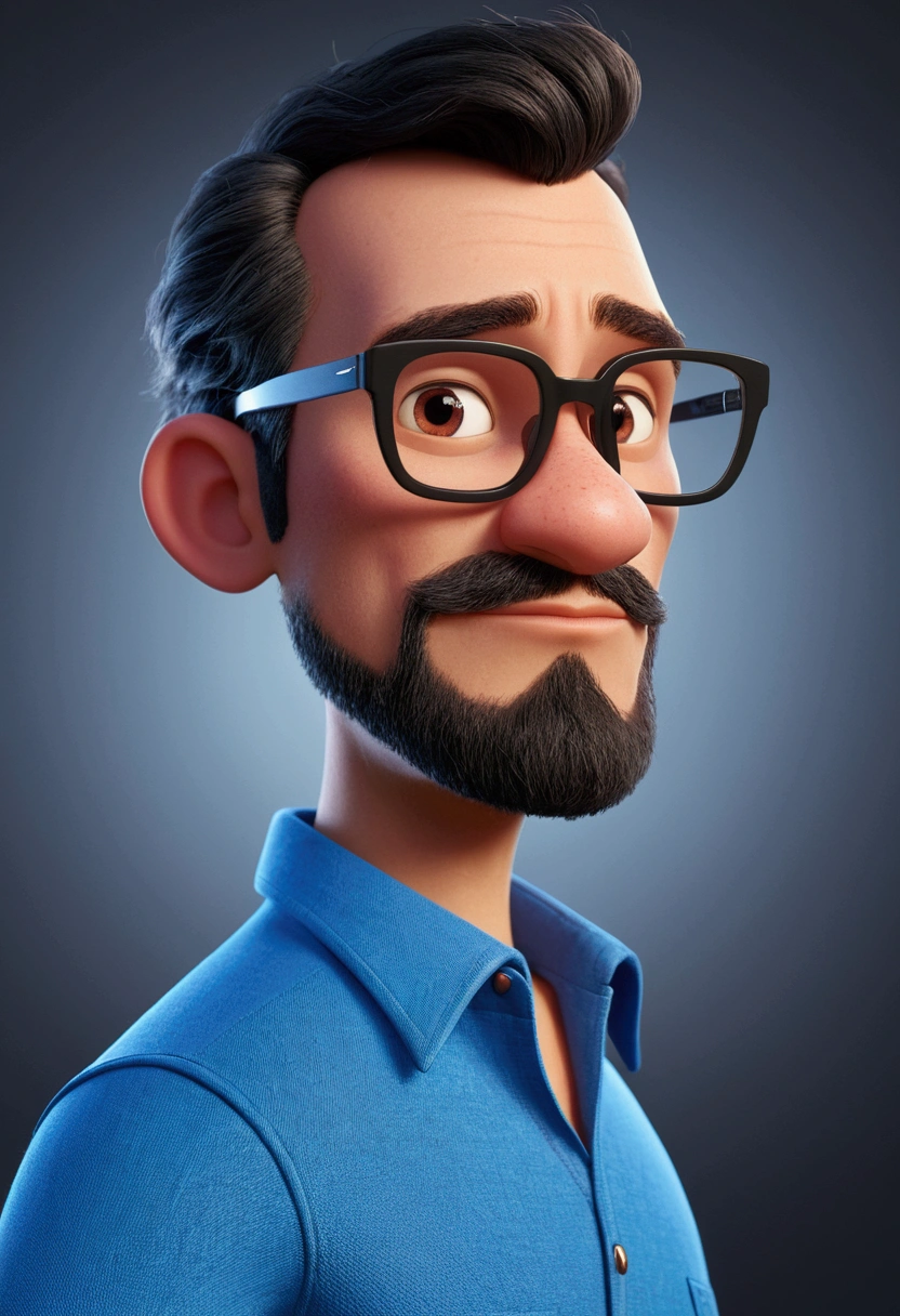 Cartoon character of a man in black glasses and blue shirt, animation character, stylized character, animation style rendering, 3d stylized, Arnold Maya rendering, Stylized 3D rendering, toon render screenshot, 3d character, 3d character, Stylized 3D rendering, 3D character rendering, cartoon character, Personagem de close up, character posing, (Pixar-style) (master part:1.2) (bokeh) (best qualityer) (skin detailed) (detailed texture) (8k) (Argilla) (cinematic lighting) (sharp focus without glasses and with a beard