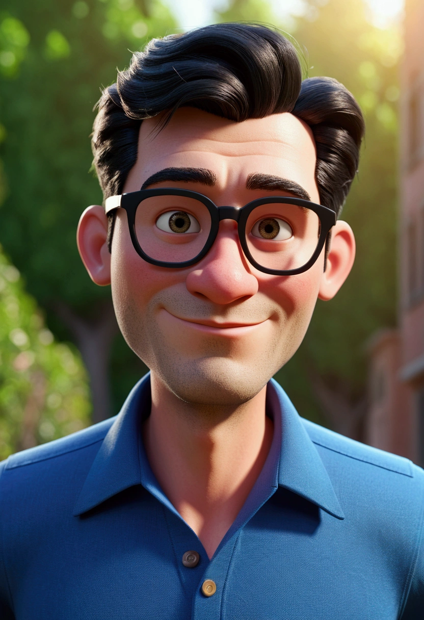 Cartoon character of a man in black glasses and blue shirt, animation character, stylized character, animation style rendering, 3d stylized, Arnold Maya rendering, Stylized 3D rendering, toon render screenshot, 3d character, 3d character, Stylized 3D rendering, 3D character rendering, cartoon character, Personagem de close up, character posing, (Pixar-style) (master part:1.2) (bokeh) (best qualityer) (skin detailed) (detailed texture) (8k) (Argilla) (cinematic lighting) (sharp focus without glasses and with a beard 