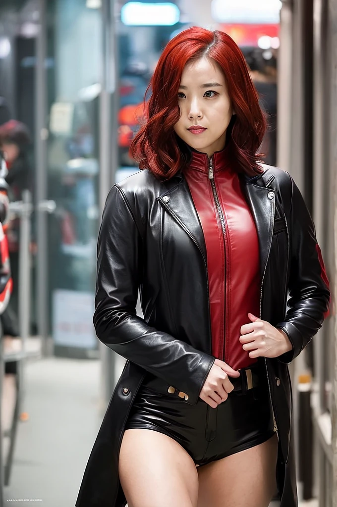 (((One girl,alone))),red and black leather suit, Wearing a Deadpool costume、Near future、Healthy Body,Thighs、