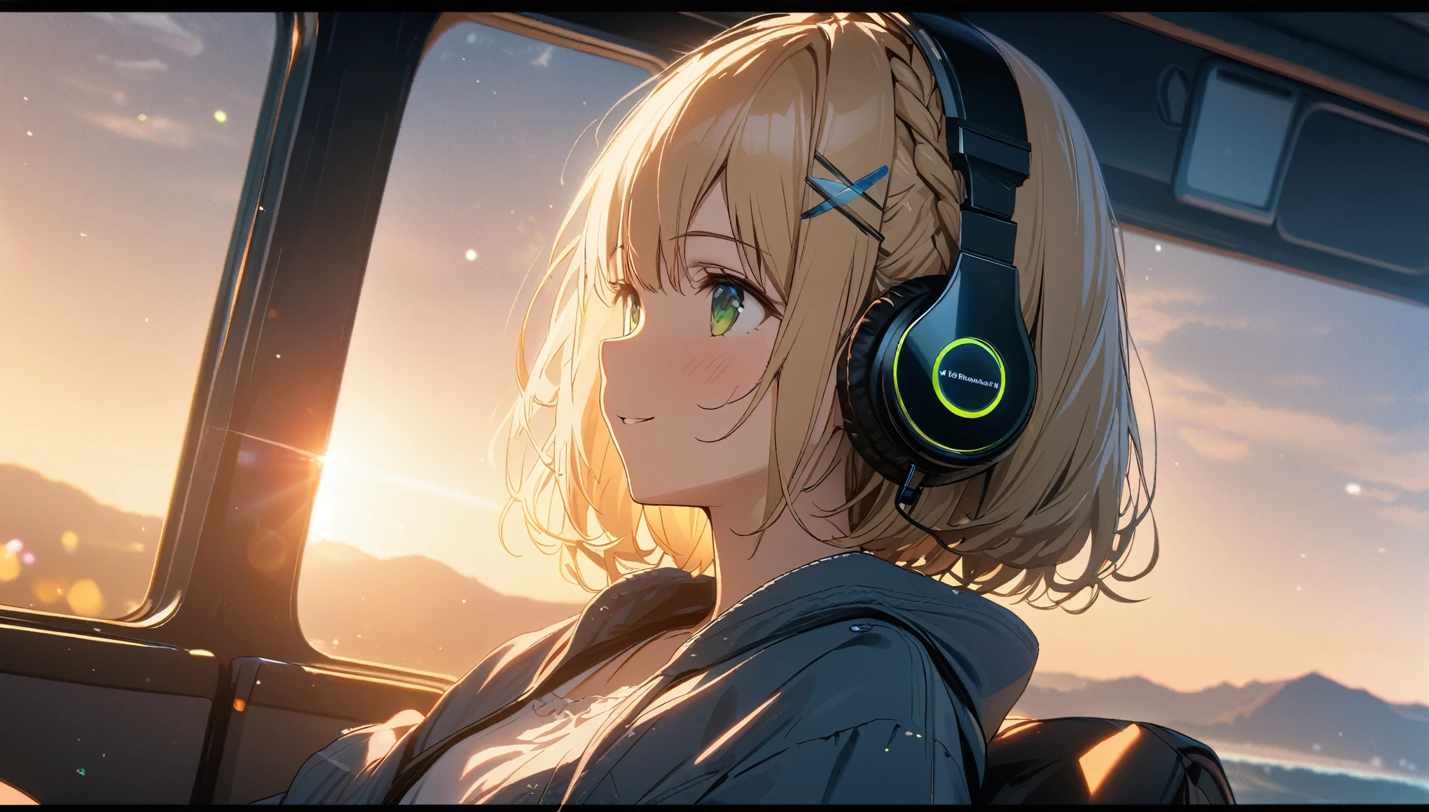 one girl, blonde short hair and bob hair、a braid, I tied my hair in a bun with a hair clip..、beautiful green eyes、smile、gentle smile on her face、flat chest, one Beautiful girl,((masterpiece, illustration, best quality) ((ultra-detailed)), wearing headphones,Traveling,One girl,relax,The background is dusk, gentle smile on her face, 濃い青とBeautiful Blueのグラデーション, High resolution, 8K HD detail, hyper-detail, cinematic, surrealism, soft light, deep field focus bokeh, ray tracing and surrealism. --v6