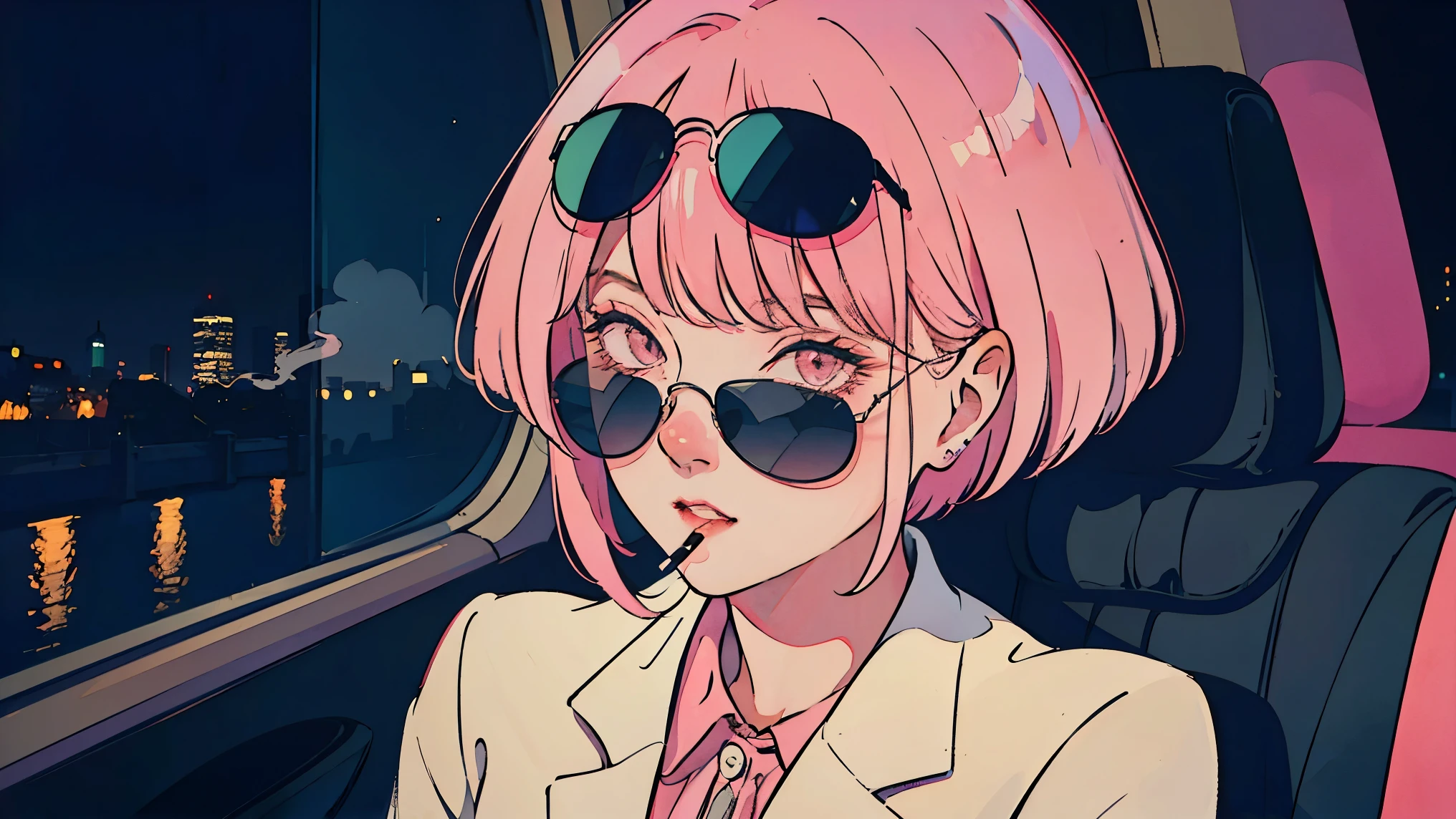beauty girl with pink hair riding in car at night, through window, perfect face, sunglasses, smoking white tailor-made cigarette, neo-noir, (after backlight correction: 1.1), hard shadow, masterpiece, top quality, , model shoot style, vintage, film grain, perfect details,city pop