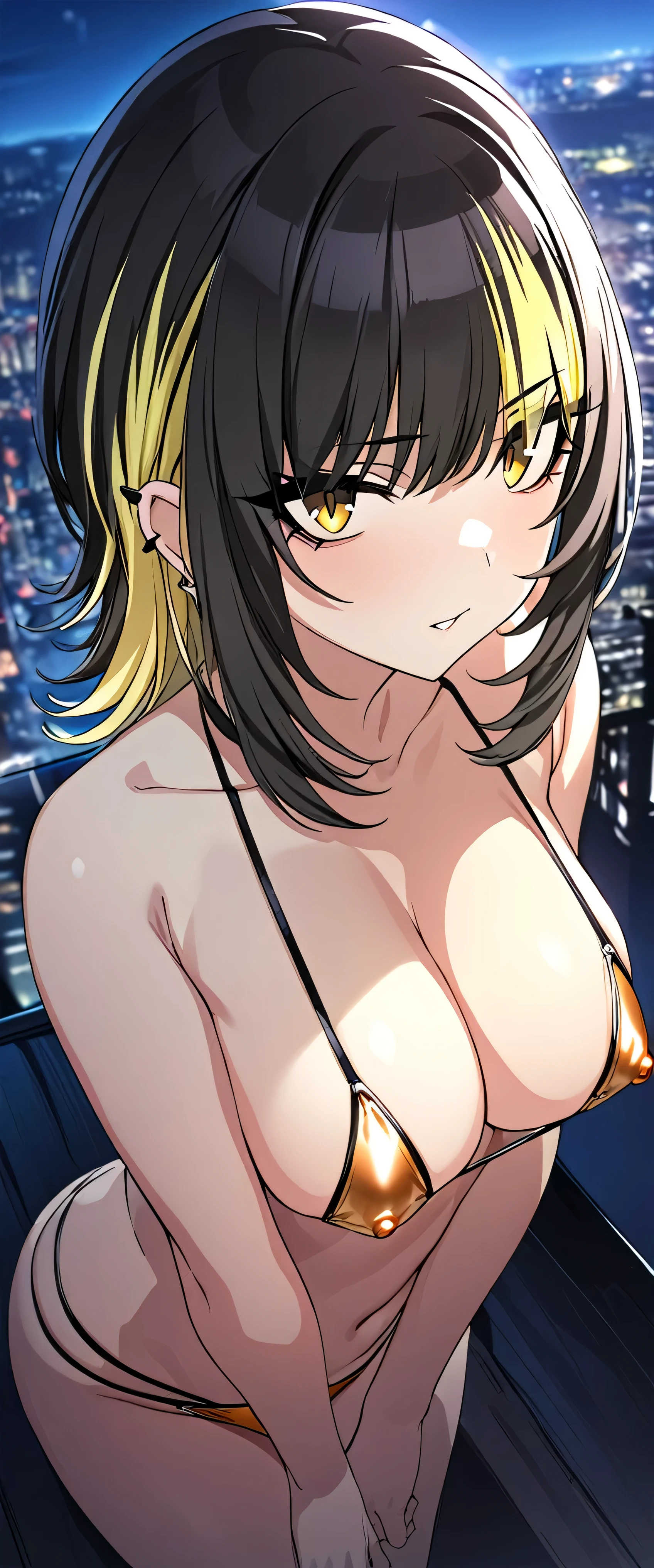 (masterpiece),(best quality),(ultra-detailed),(best illustration),(best shadow),(absurdres),(detailed background),(very aesthetic), luca ikaruga, 1girl, blonde hair, solo, multicolored hair,orangemetallic verymicrobikini,coverdnipple, yellow eyes, looking at viewer, black hair, night city background