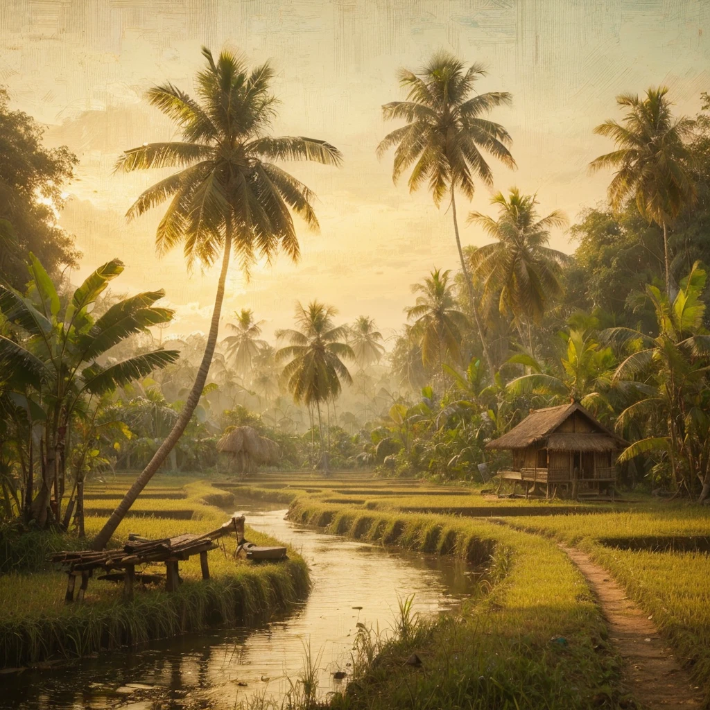 hard palette painting, in a village in Sumatra, Indonesia, be found sebuah masyarakat desa pada tahun 1935, several simple wooden houses with black thatch roofs, be found hutan, shady trees, with big roots and low trees, coconut tree, banana tree, A little, be found pegunungan dan hamparan sawah, it started to get dark in the afternoon, be found , Real picture, naturalistic, canvas base, Affandi style.