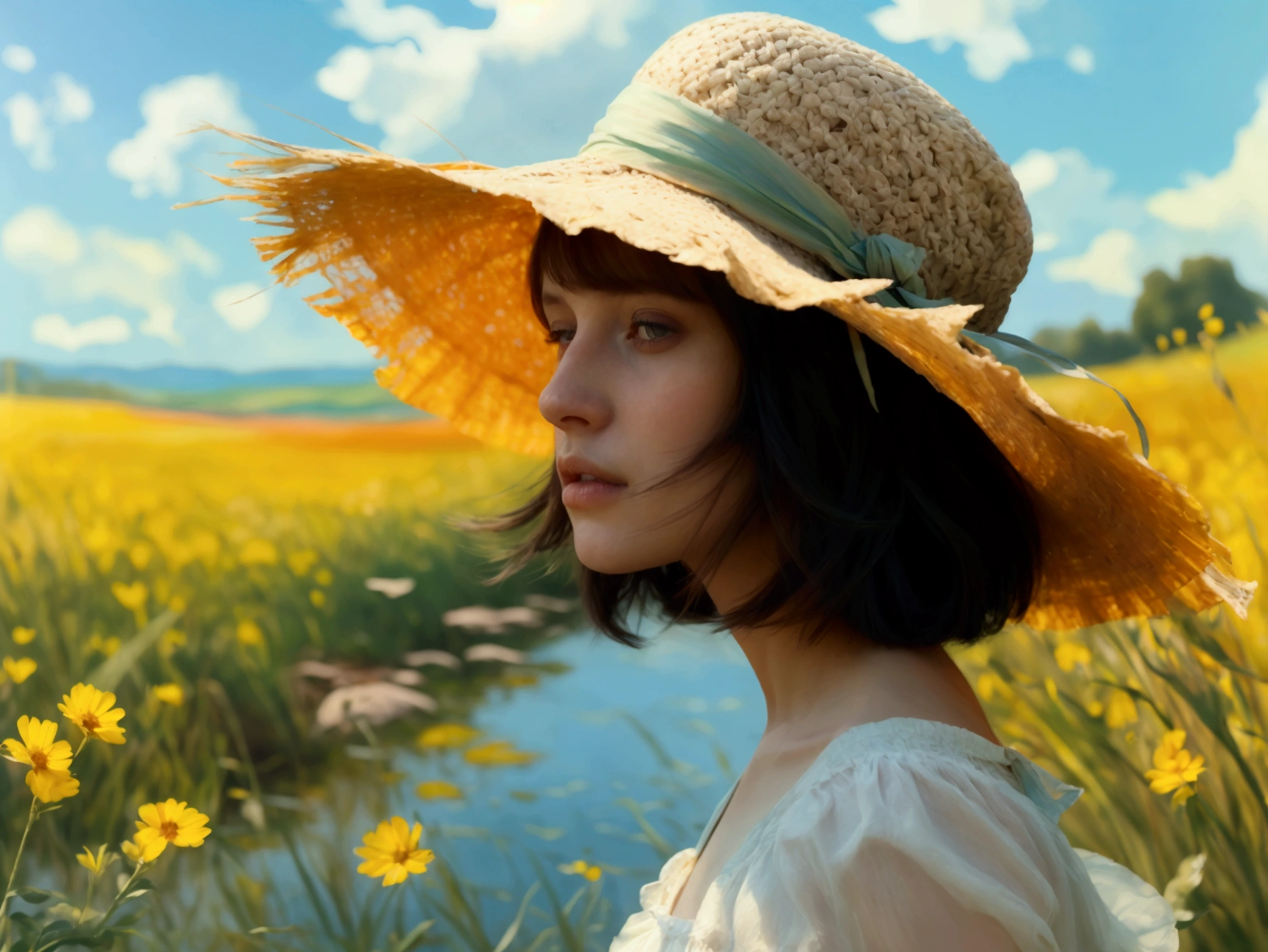 Portrait of a sweet woman in a bright, windy field, river, (Contre-Jour), realisti, ​masterpiece, highest quality, Lens reflection, Shade, bloom, [[chromatic aberration]], von Jeremy Lipking, by Antonio J. Manzanedo, digital drawing, Style-GlassFinal, natural skin structure
