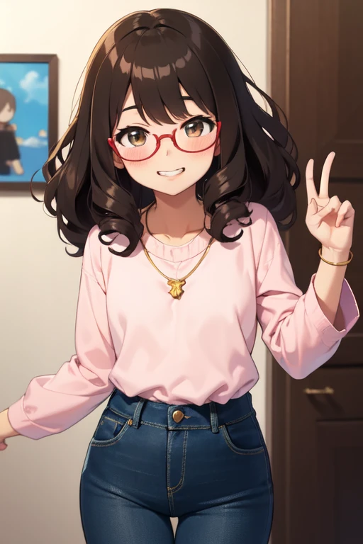 Kizi, アニメ, very curly hair, curls, curls, dark brown hair, long hair, hair flying, Caucasian skin, brown dark eyes, round golden glasses, little pink blouse, jeans, small gold necklace, cheerful grin, pinky skin, blush cheeks