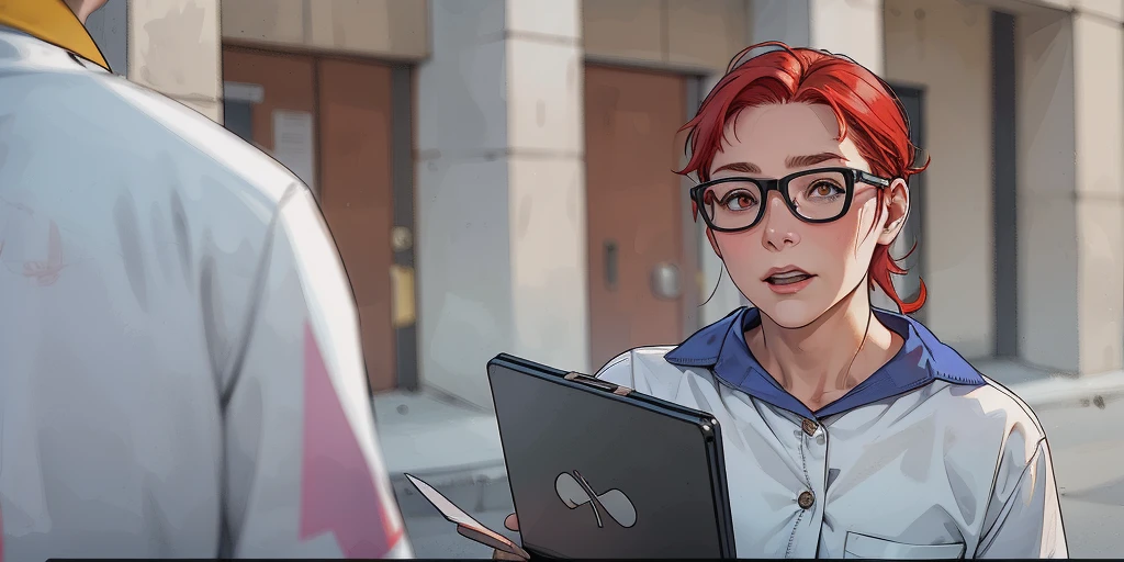 40 year old woman teacher with red hair speaks to someone with distrust