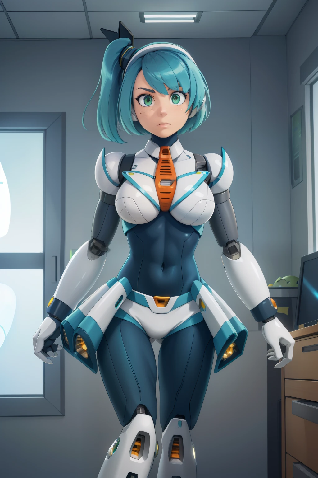 ultra detailed photo of a woman cyborg, 1girl, photorealistic, (natural skin texture, realistic eye details:1.2) ricomega_manx, alone, breasts, green eyes, blue hair, Android, short hair, side ponytail, robot ears, artwork, high quality, hypnotized, spiral eyes, blank stare, in the bedroom, standing at attention