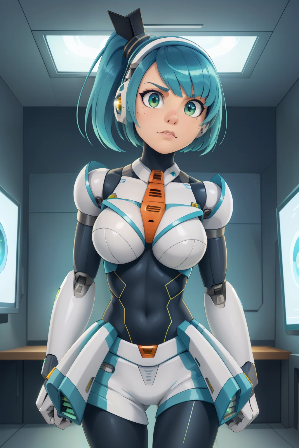 ultra detailed photo of a woman cyborg, 1girl, photorealistic, (natural skin texture, realistic eye details:1.2) ricomega_manx, alone, breasts, green eyes, blue hair, Android, short hair, side ponytail, robot ears, artwork, high quality, hypnotized, spiral eyes, blank stare, in the bedroom, standing at attention