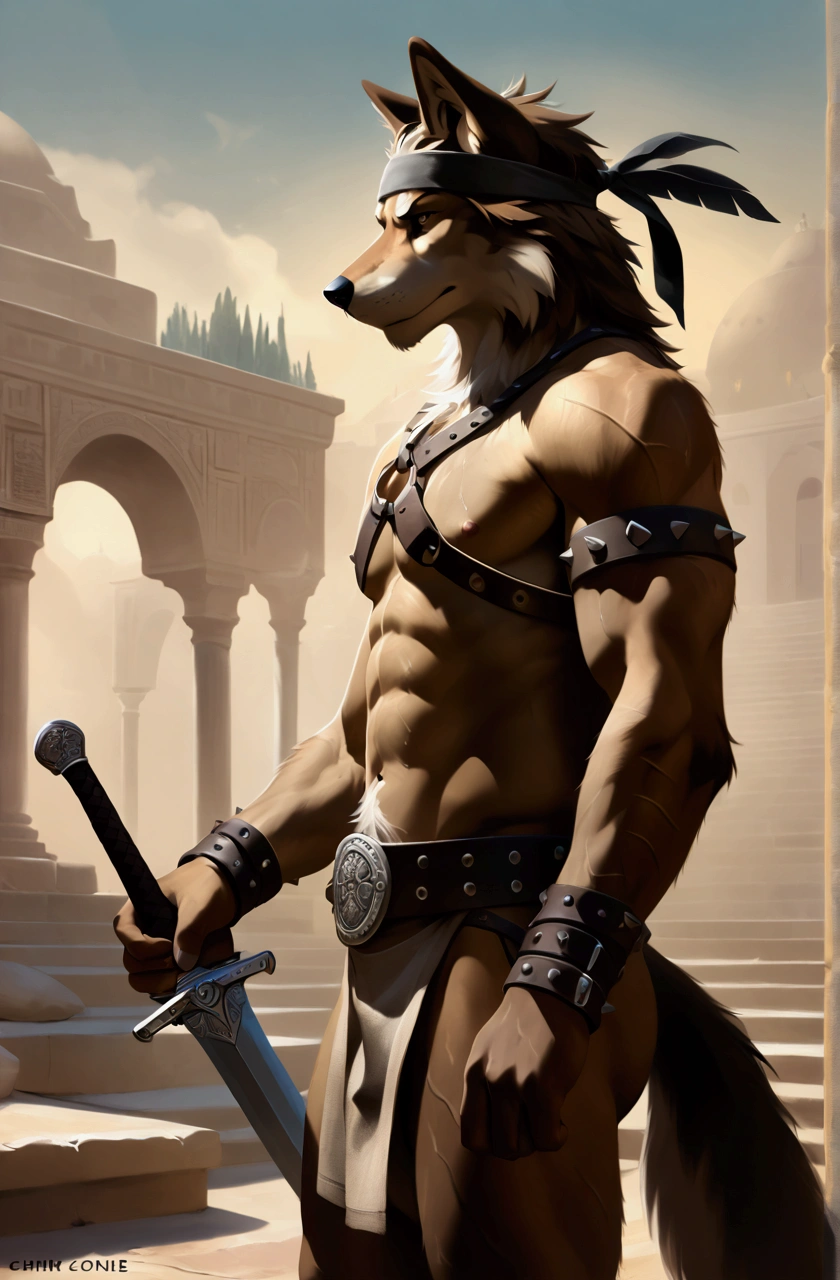 Solo Sexy anthro furry wolf male; ancient Mediterranean desert warrior; slim mesomorph handsome model apperance apperance; boy's messy short hair headband; sexy toned muscules; sword scars; worn out rusty sexy skimpy armament. He has low on hips heavy leather studded heavy belt. he has narrow in the crotch very old worn out jockstrap (smelly jockstrap fetish); His jockstrap it is made of old white linen material sewn together from a few pieces, it has never been washed, it is dirty and has stains from secretions of dried semen and sweat; His armor is old heavy brown harness with armlets studded with spikes; he has old brown leather BFR Bands on Biceps and his thighs, he has old worn out fingerless leather gloves. Even though he is a handsome and sexy man, he has a sloppy appearance, has disheveled unwashed dirty fur, dirty body look. He stands proudly bravely with one foot on a higher stone in the Mediterranean sunny pine forest; he has a proud, threatening and defiant expression on his face, with little dirty dangerous smile;