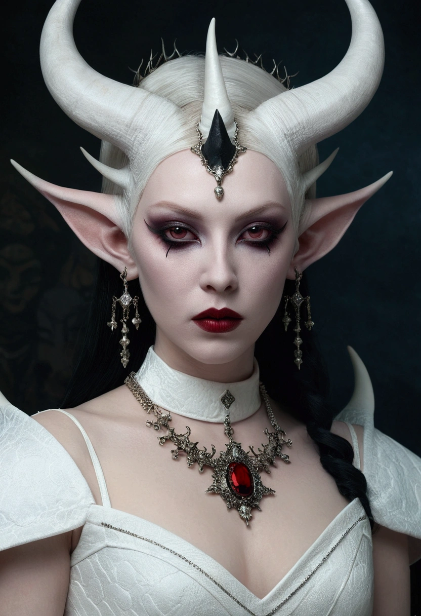 a close up of a woman with horns and a dress, white horns queen demon, portrait of a female demon, demon woman, portrait of demon girl, demoness, beautiful elegant demon queen, demon girl, female humanoid creature, portrait of a dark fantasy nymph, natalie shau tom bagshaw, portrait of a female necromancer, succubus | medieval