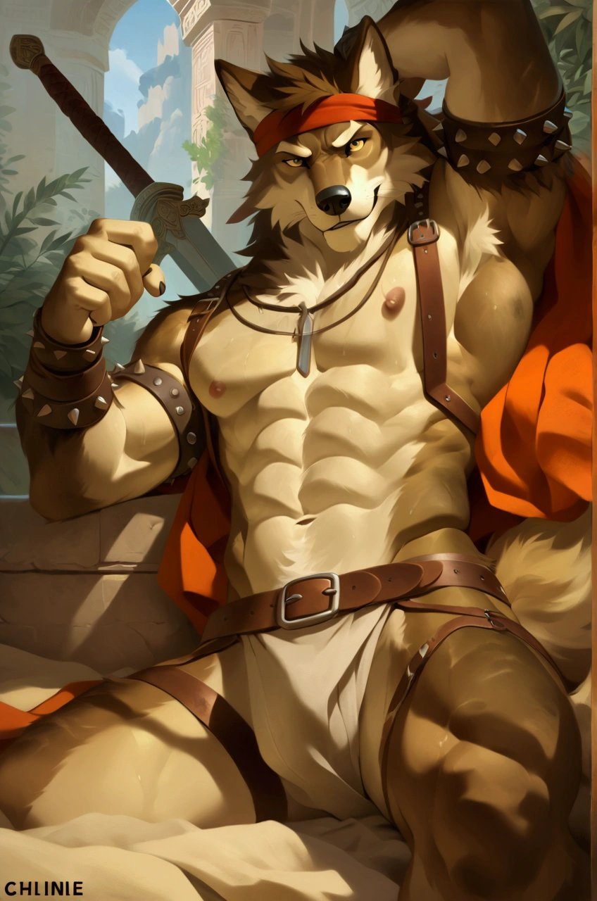 Solo Sexy anthro furry wolf male; ancient Mediterranean desert warrior; slim mesomorph handsome model apperance apperance; boy's messy short hair headband; sexy toned muscules; sword scars; worn out rusty sexy skimpy armament. He has low on hips heavy leather studded heavy belt. he has narrow in the crotch very old worn out jockstrap (smelly jockstrap fetish); His jockstrap it is made of old white linen material sewn together from a few pieces, it has never been washed, it is dirty and has stains from secretions of dried semen and sweat; His armor is old heavy brown harness with armlets studded with spikes; he has old brown leather BFR Bands on Biceps and his thighs, he has old worn out fingerless leather gloves. Even though he is a handsome and sexy man, he has a sloppy appearance, has disheveled unwashed dirty fur, dirty body look. He stands proudly bravely with one foot on a higher stone in the Mediterranean sunny pine forest; he has a proud, threatening and defiant expression on his face, with little dirty dangerous smile;