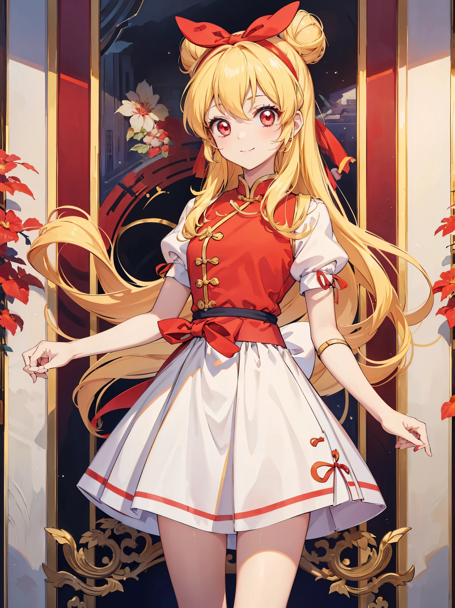 (RED Ribbon on HAIRband:1.2),an anime character wearing white shorts and white hair standing next to a painting, 1girl, double bun, solo, hair bun, chinese clothes, long hair, smile, Blonde hair, RED eyes, shampoo (ranma 1/2)Style, looking at viewer, dress,Shampoo Ranma,Ichigo Hoshimiya (Aikatsu!),china dress