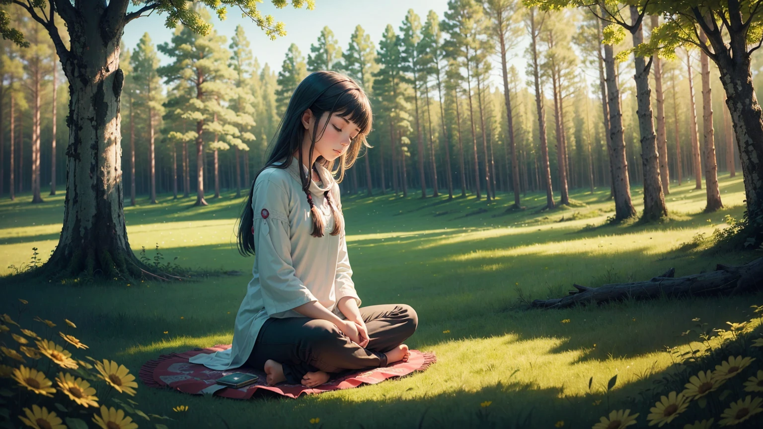 A photo of a girl meditating, surrounded by nature, like a peaceful forest or a field full of colorful flowers.. 
This image conveys a sense of serenity, connection with nature and an atmosphere of peace, which is consistent with the tone of the prayer.