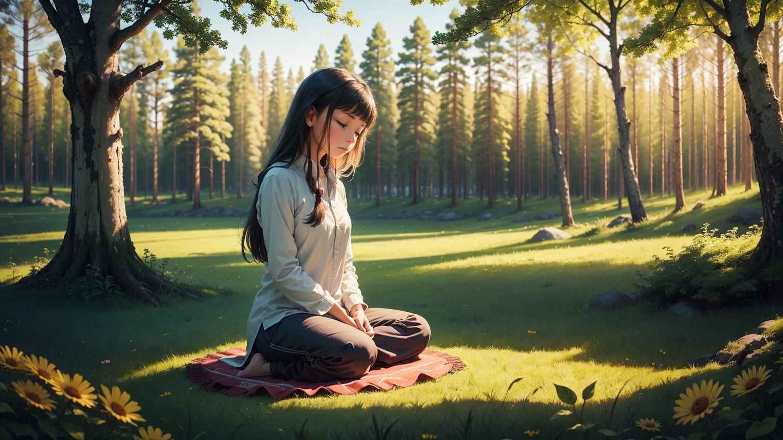 A photo of a girl meditating, surrounded by nature, like a peaceful forest or a field full of colorful flowers.. 
This image conveys a sense of serenity, connection with nature and an atmosphere of peace, which is consistent with the tone of the prayer.