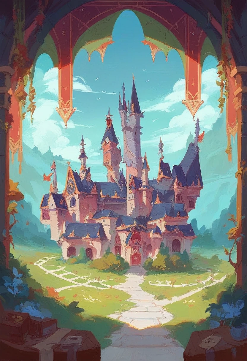 A lock, inside it you can see a school castle, with trees and a large field, everything colorful and illuminated