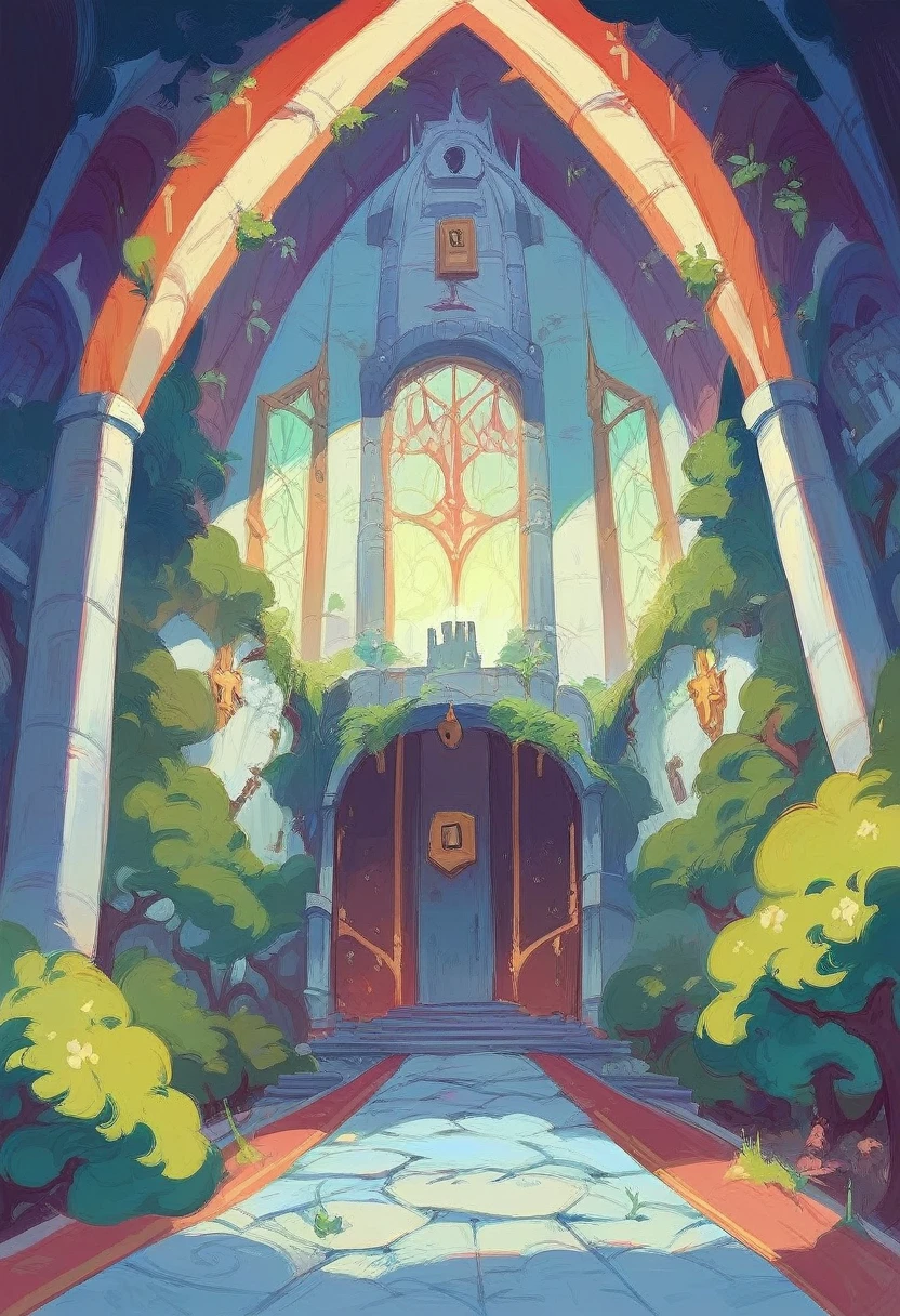 A lock, inside it you can see a school castle, with trees and a large field, everything colorful and illuminated