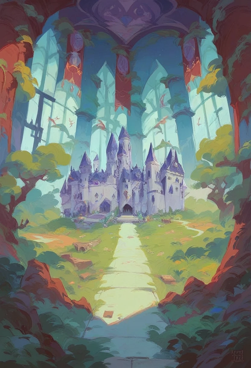 A lock, inside it you can see a school castle, with trees and a large field, everything colorful and illuminated