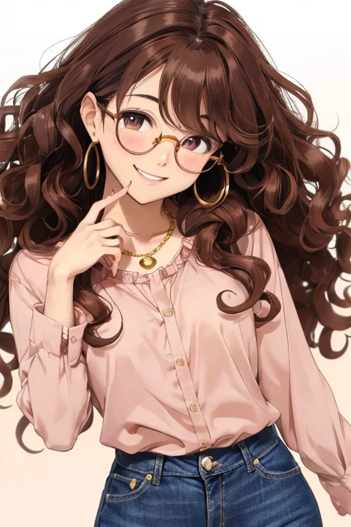 Kizi, アニメ, very curly hair, curls, curls, dark brown hair, long hair, hair flying, Caucasian skin, brown dark eyes, round golden glasses, little pink blouse, jeans, small gold necklace, cheerful grin, pinky skin, blush cheeks, sexly, nudes
