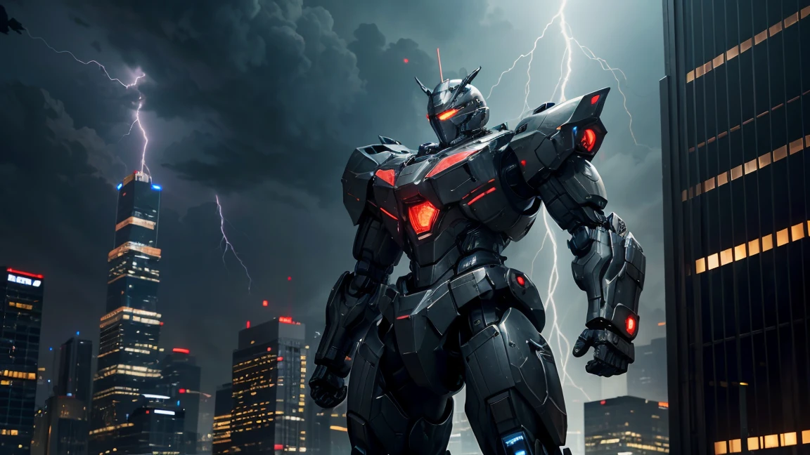 "Create a high-resolution image of an Armored Core robot standing in a nighttime cityscape. The background features skyscrapers illuminated by frequent lightning strikes. The robot's armor gleams with reflections from the city lights. Dark storm clouds fill the sky, with bolts of lightning illuminating the scene. The atmosphere is intense and futuristic, capuring the essence of a high-tech urban battlefield at night."t