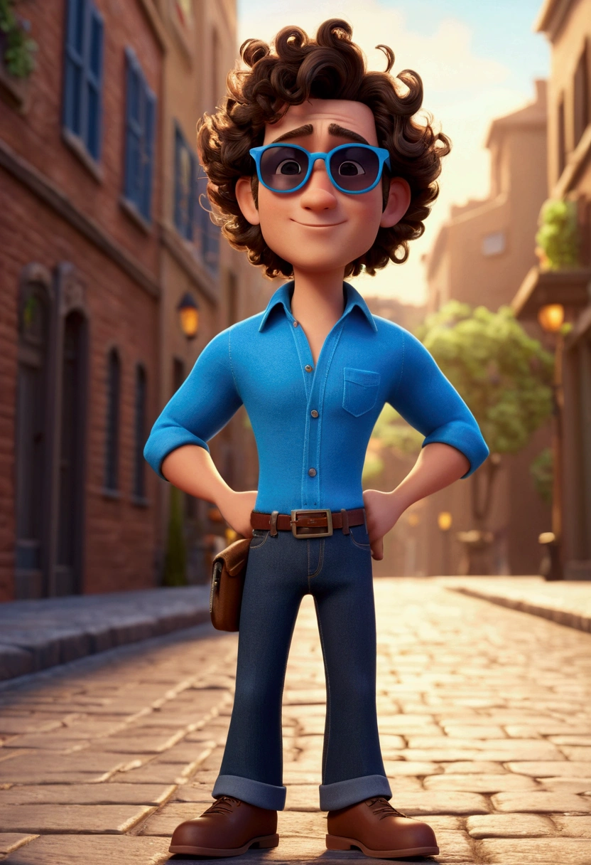Cartoon character of a man in sunglasses, dark brown curly hair and a blue shirt, animation character, stylized character, animation style rendering, 3d stylized, Arnold Maya rendering, Stylized 3D rendering, toon render screenshot, 3d character, 3d character, Stylized 3D rendering, 3D character rendering, cartoon character, Personagem de close up, character posing,  (Pixar-style) (master part:1.2) (bokeh) (best qualityer) (skin detailed) (detailed texture) (8k) (Argilla) (cinematic lighting) (sharp focus