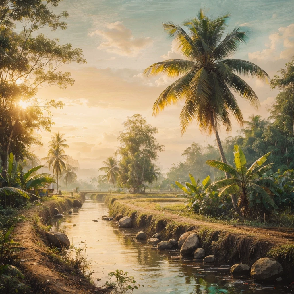 hard palette painting, in a village in Sumatra, Indonesia, be found sebuah masyarakat desa pada tahun 1935, several simple wooden houses with black thatch roofs, be found hutan, shady trees, with big roots and low trees, coconut tree, banana tree, A little, be found pegunungan dan hamparan sawah, it started to get dark in the afternoon, be found , Real picture, naturalistic, canvas base, Affandi style.