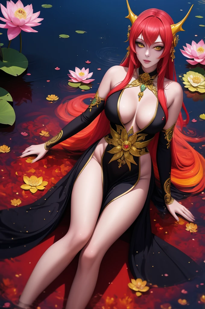 Exquisite and charming anime style illustration, Nami shark fusão com "Vampira xman" dark fênix in the lotus flower bed, a beautiful girl with gold yellow neon fire hair, red fire eyes, half body, hiding in the flowers dark black , colorful and dazzling black . Intricate details, rendering and painting techniques come together to create a mesmerizing scene that evokes elegance and otherworldly elegance.